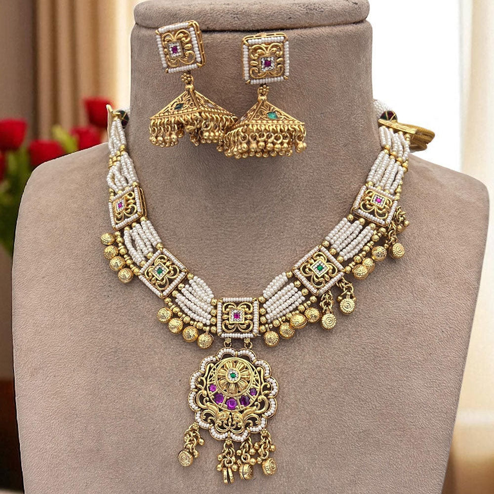 Jewel Addiction Ethnic Necklace Set Elegant Pota And Pearl  with Copper Finish