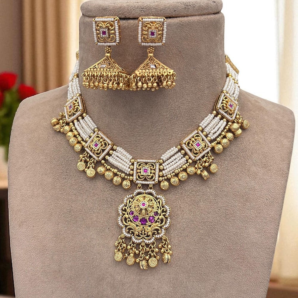 Jewel Addiction Ethnic Necklace Set Elegant Pota And Pearl  with Copper Finish