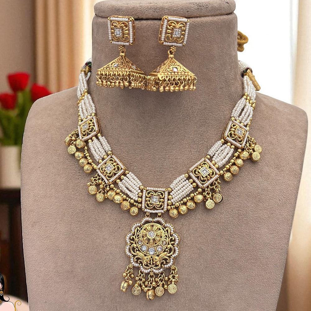 Jewel Addiction Ethnic Necklace Set Elegant Pota And Pearl  with Copper Finish