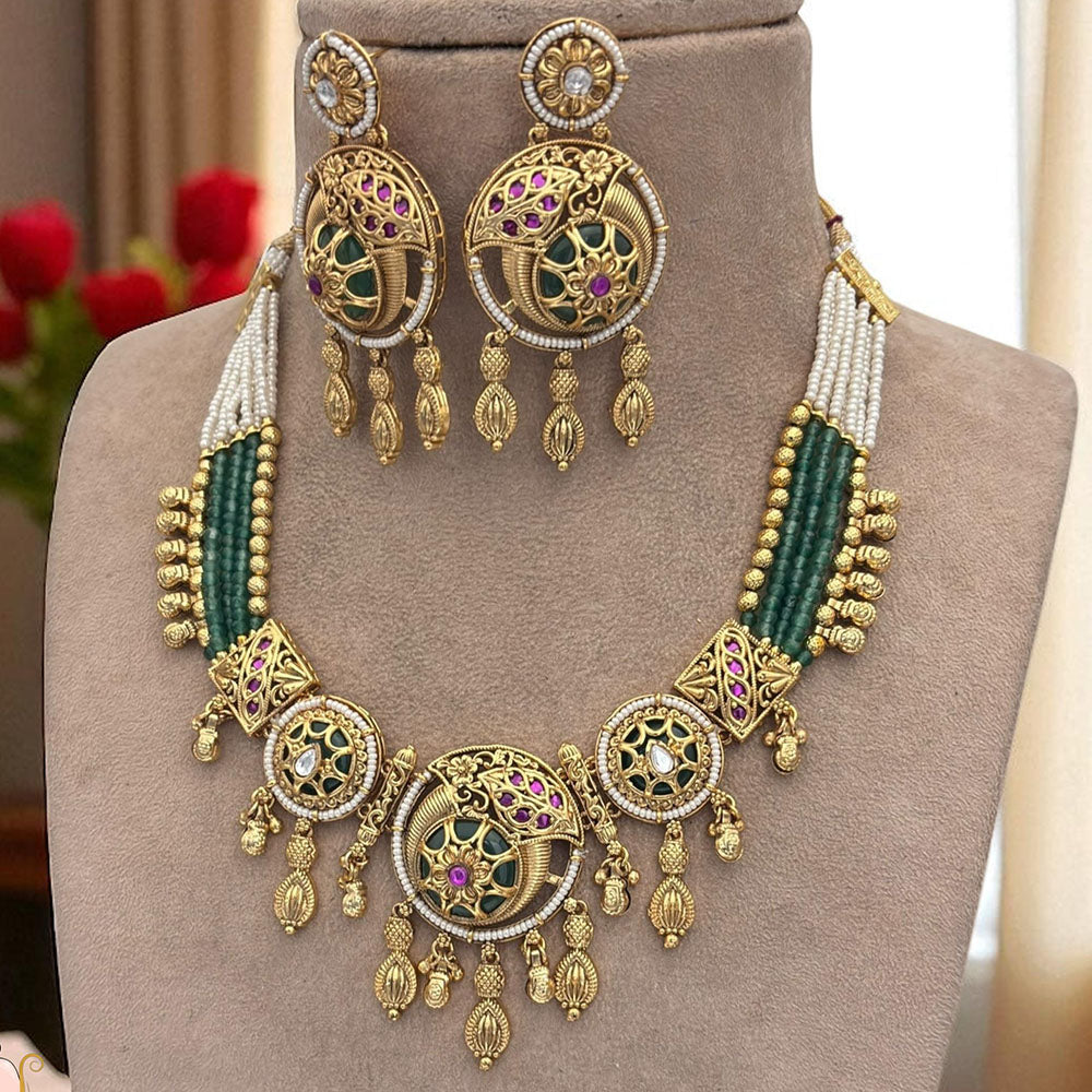 Jewel Addiction Ethnic Necklace Set Elegant Pota And Pearl  with Copper Finish