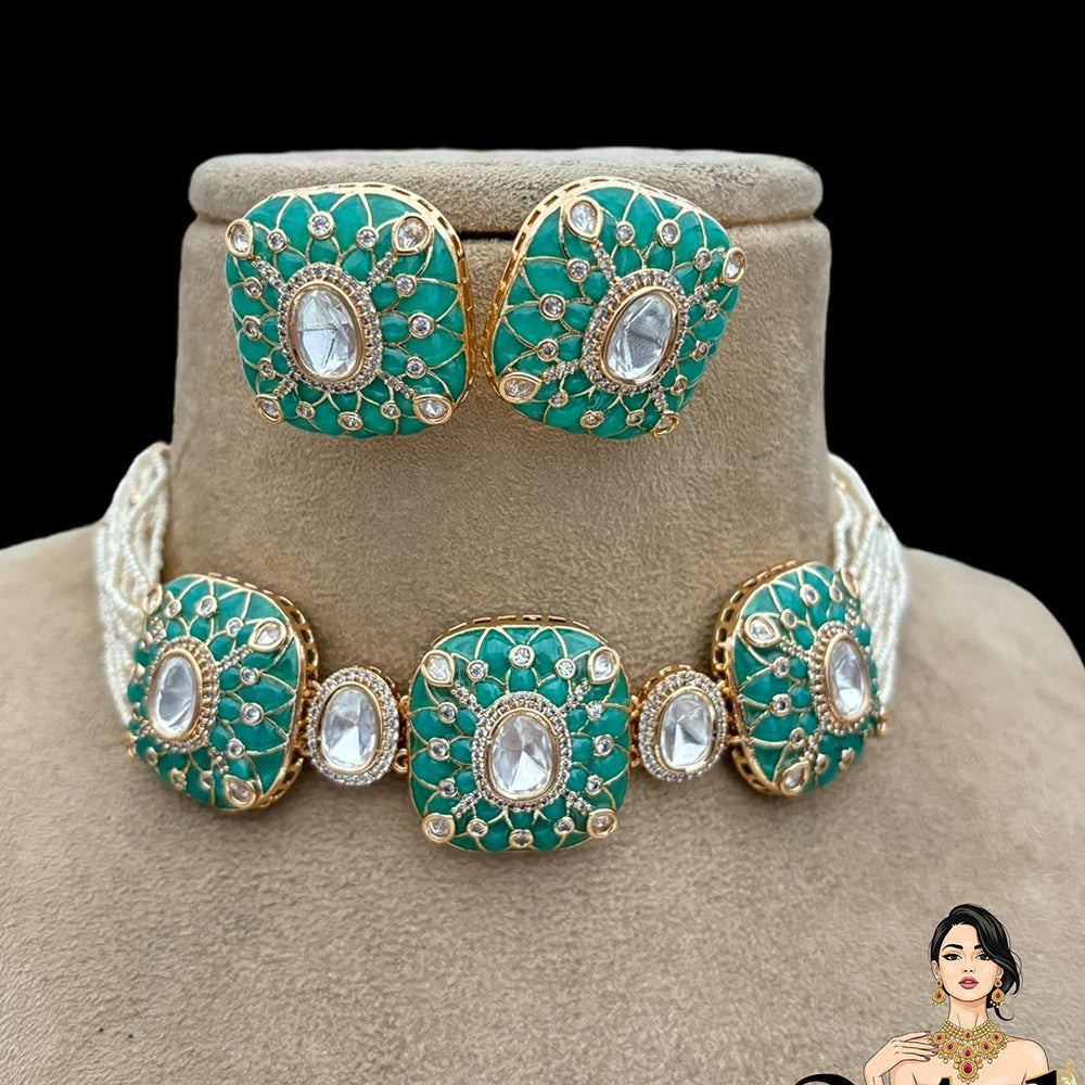 Jewel Addiction Stylish Kundan And Pearl Choker Necklace Set For Special Occassions