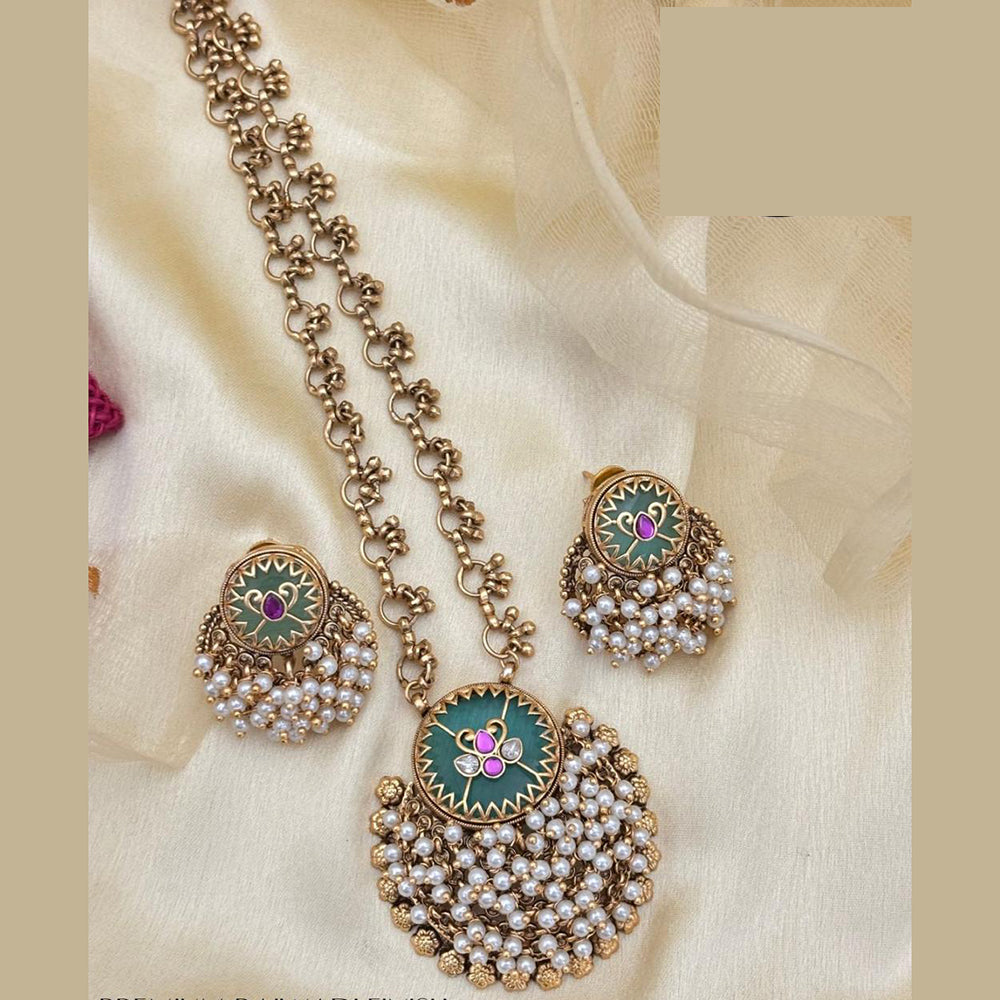 Jewel Addiction Traditional Pota Stone Meenakari And Pearl Long Necklace Set