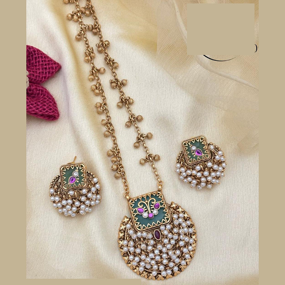 Jewel Addiction Traditional Pota Stone Meenakari And Pearl Long Necklace Set