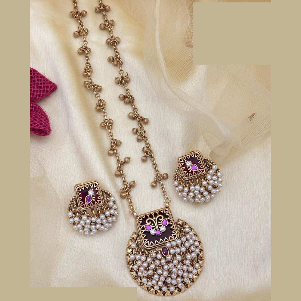 Jewel Addiction Traditional Pota Stone Meenakari And Pearl Long Necklace Set