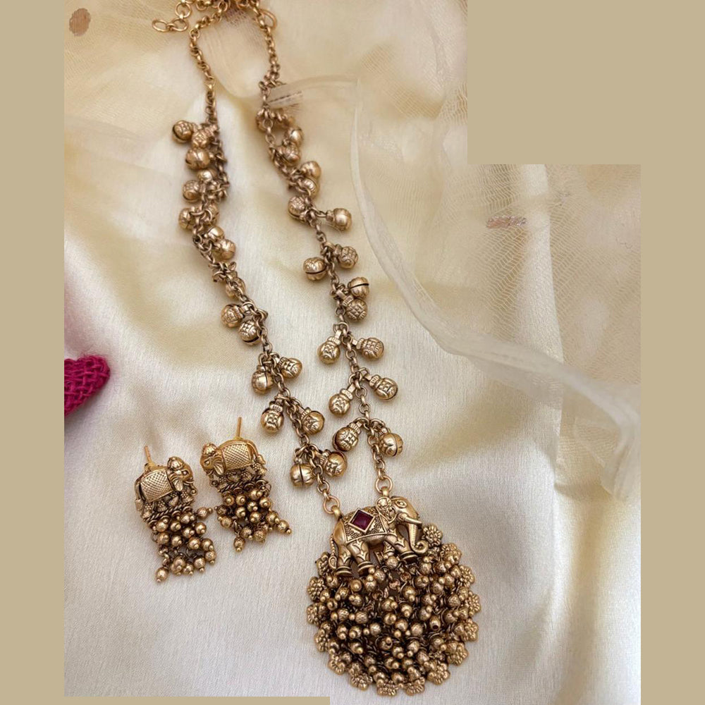 Jewel Addiction Traditional Pota Stone And Pearl Long Necklace Set With Elephant Motif