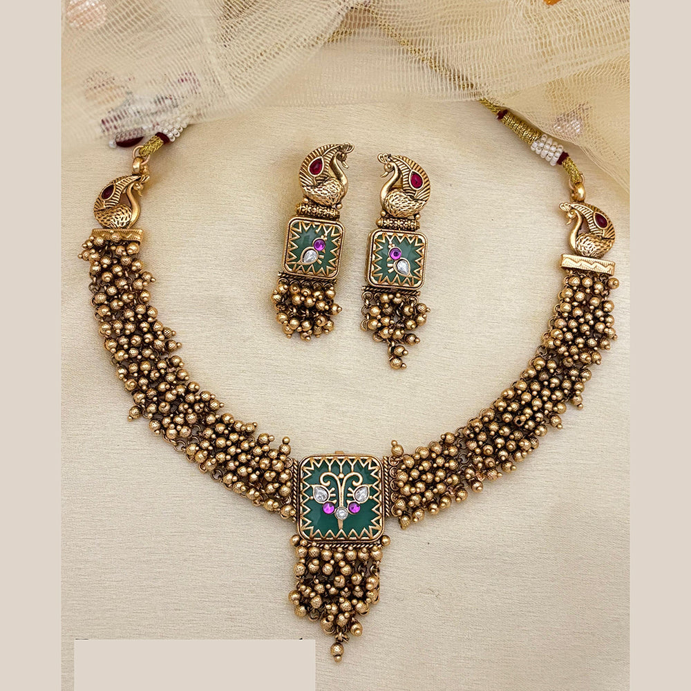 Jewel Addiction Traditional Gold Perl Necklace Set With Peacock Features