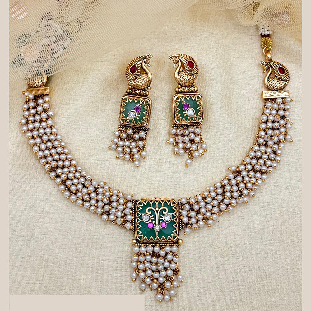 Jewel Addiction Traditional White Perl Necklace Set With Peacock Features
