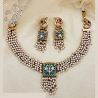 Jewel Addiction Traditional White Perl Necklace Set With Peacock Features
