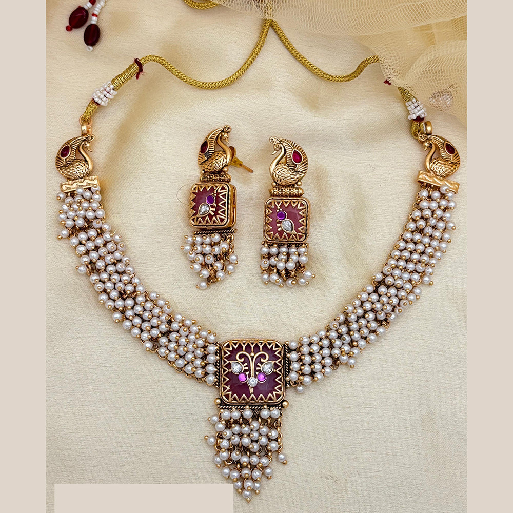 Jewel Addiction Traditional White Perl Necklace Set With Peacock Features