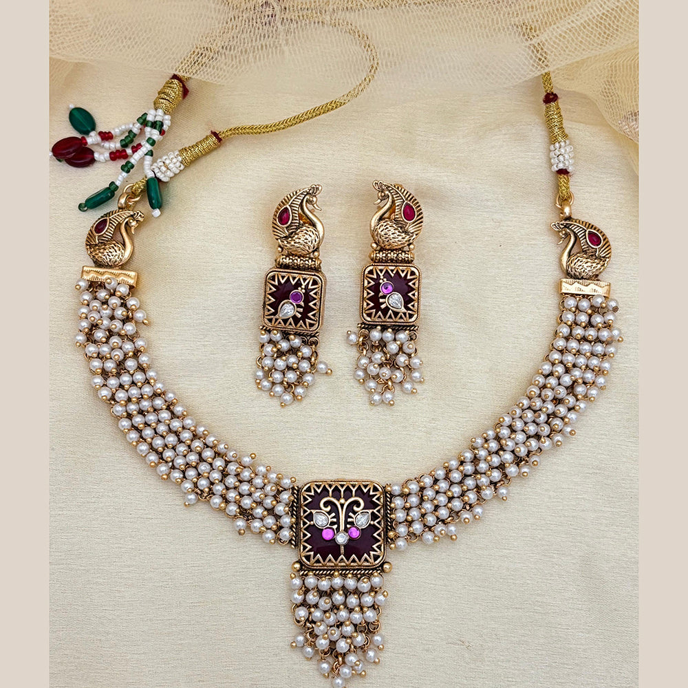 Jewel Addiction Traditional White Perl Necklace Set With Peacock Features