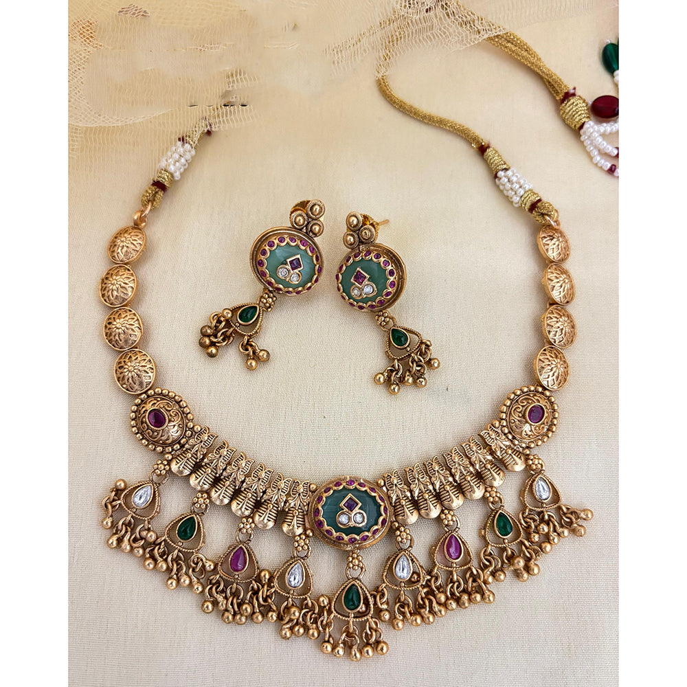 Jewel Addiction Inspired Antique Finish Pota Stone And Pearl Necklace Set