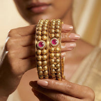 Jewel Addiction Vintage Style Pota Stone Openable Bangles Set