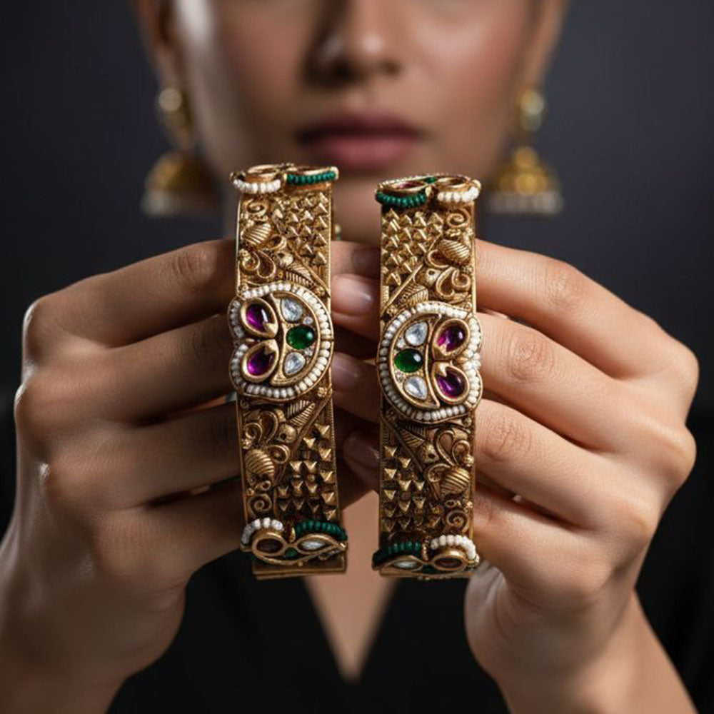 Jewel Addiction Vintage Style Pota Stone And Pearl Openable Bangles Set