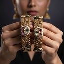 Jewel Addiction Vintage Style Pota Stone And Pearl Openable Bangles Set