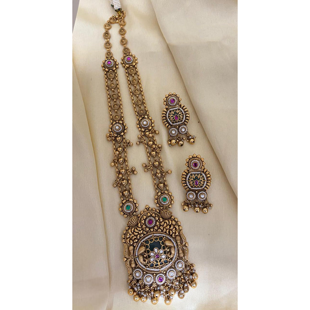 Jewel Addiction Ethnic Pota Stone And Pearl Long Necklace Set