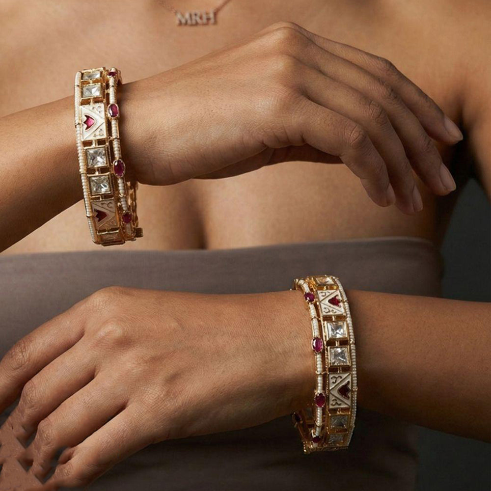 Jewel Addiction Designer Polki Kundan Stone And Pearl Bangle Set