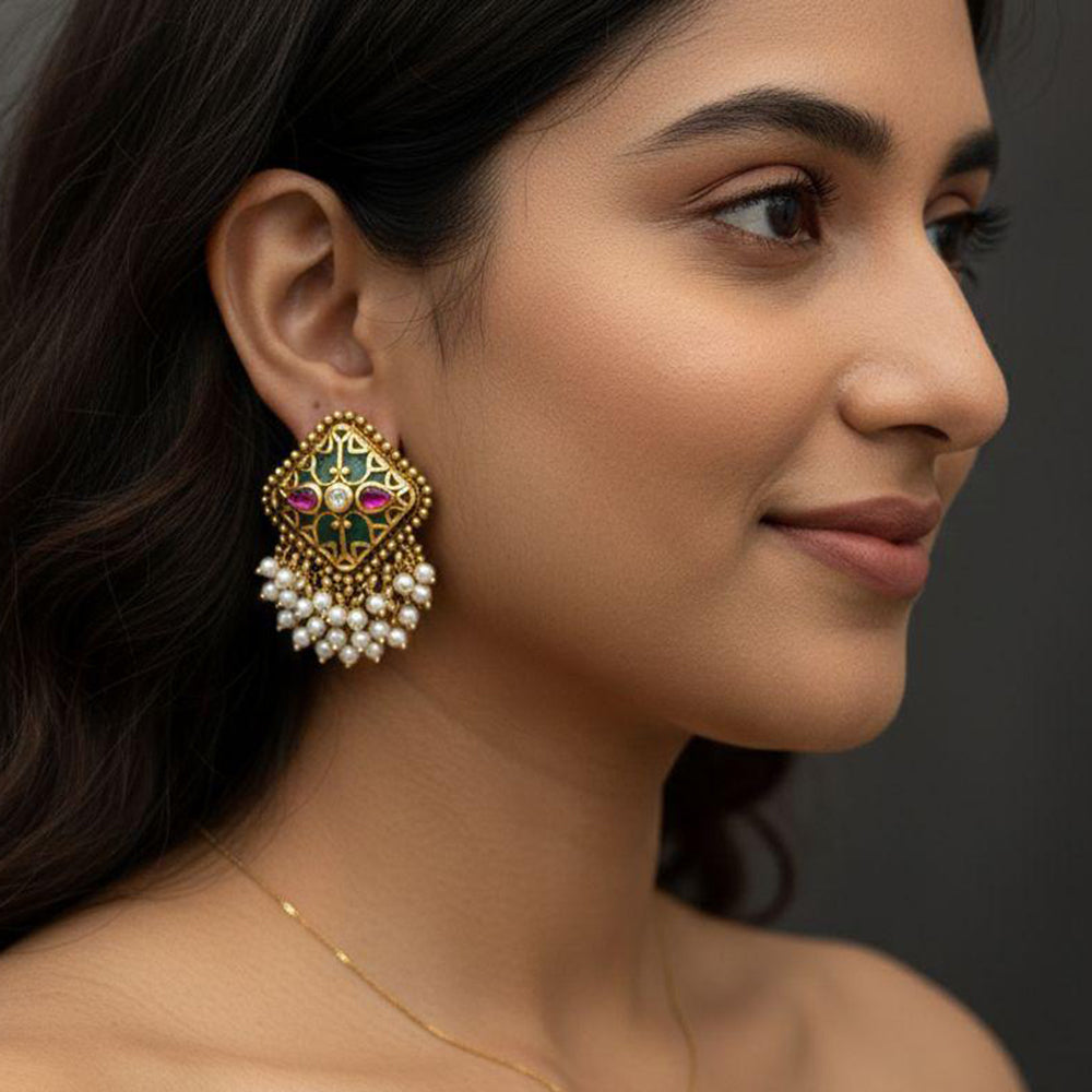 Jewel Addiction Designer Pota Stone And Pearl Dangler Earrings