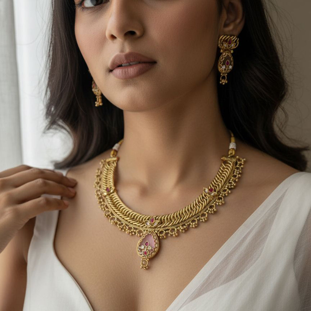 Jewel Addiction Premium Pota Stone And Pearl Necklace Set 
