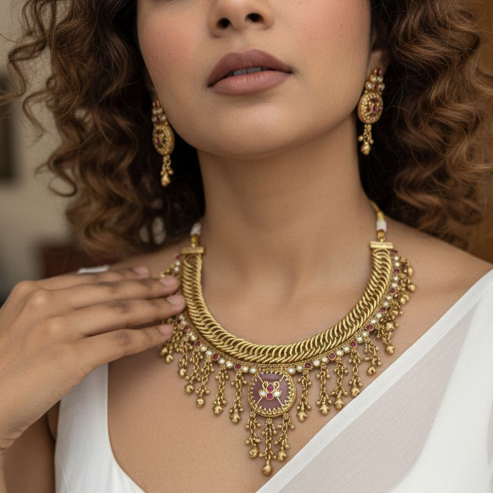 Jewel Addiction Premium Pota Stone And Pearl Necklace Set 