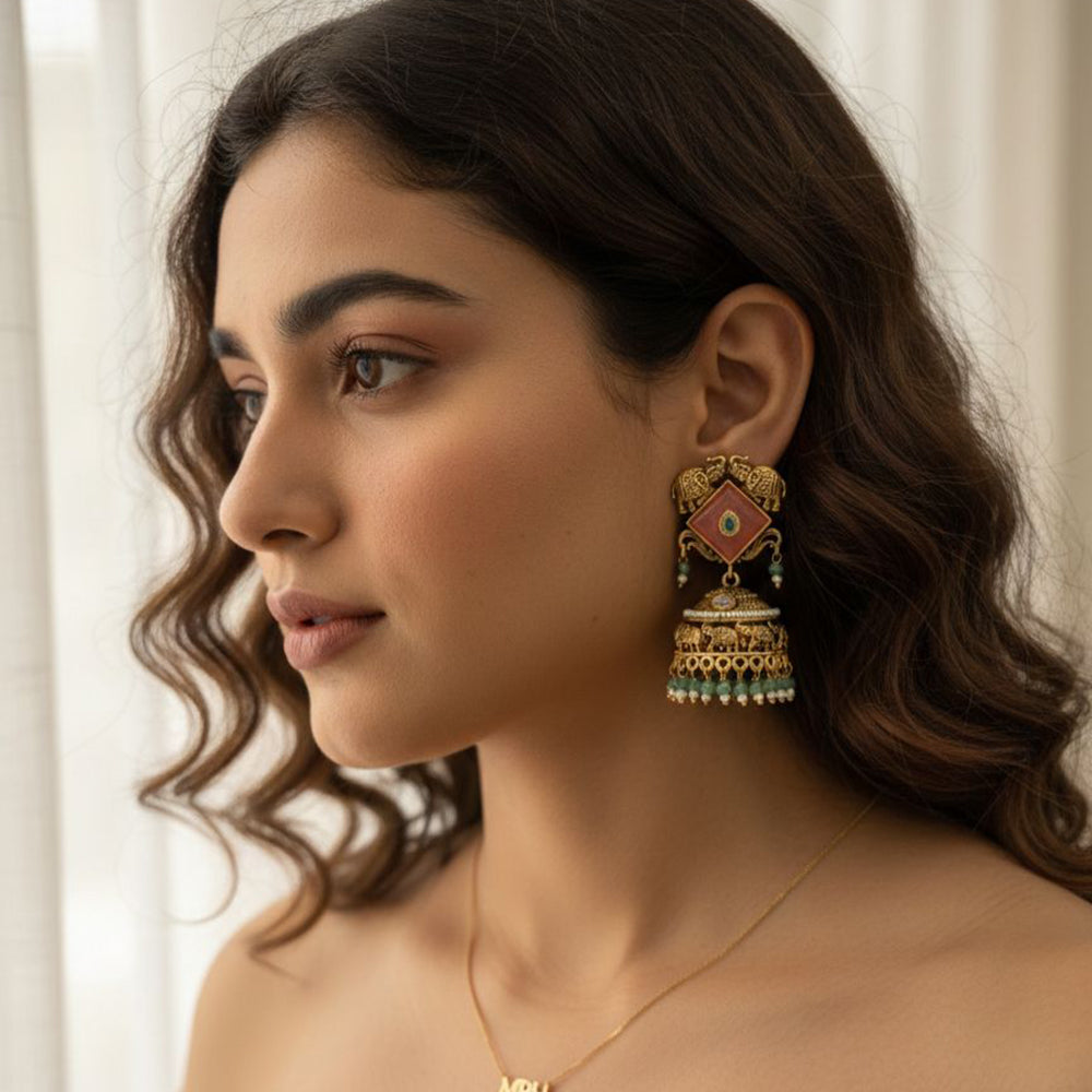 Jewel Addiction Ethnic Designer Pota Stone And Pearl Elephant Jhumki Earrings