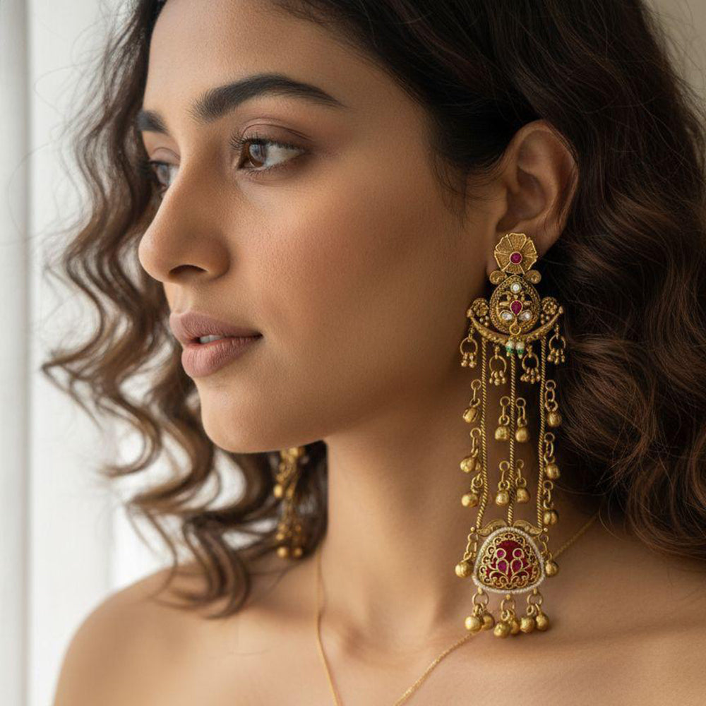 Jewel Addiction Traditional Pota Stone And  Pearl  Meenakari Kashmiri Dangler Earrings