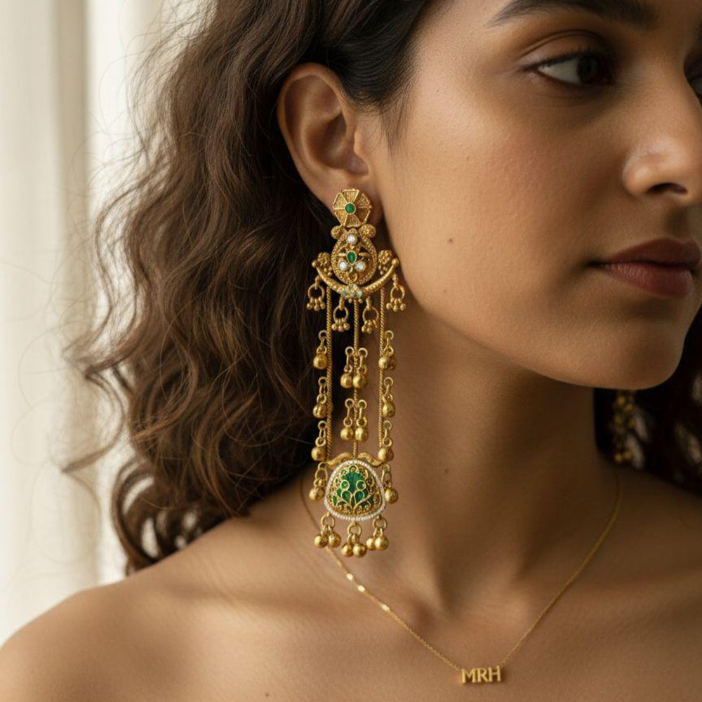 Jewel Addiction Traditional Pota Stone And  Pearl  Meenakari Kashmiri Dangler Earrings