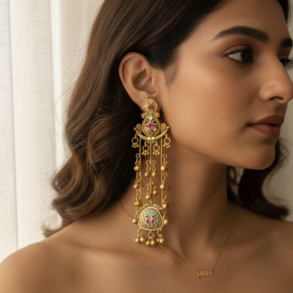 Jewel Addiction Traditional Pota Stone And  Pearl  Meenakari Kashmiri Dangler Earrings