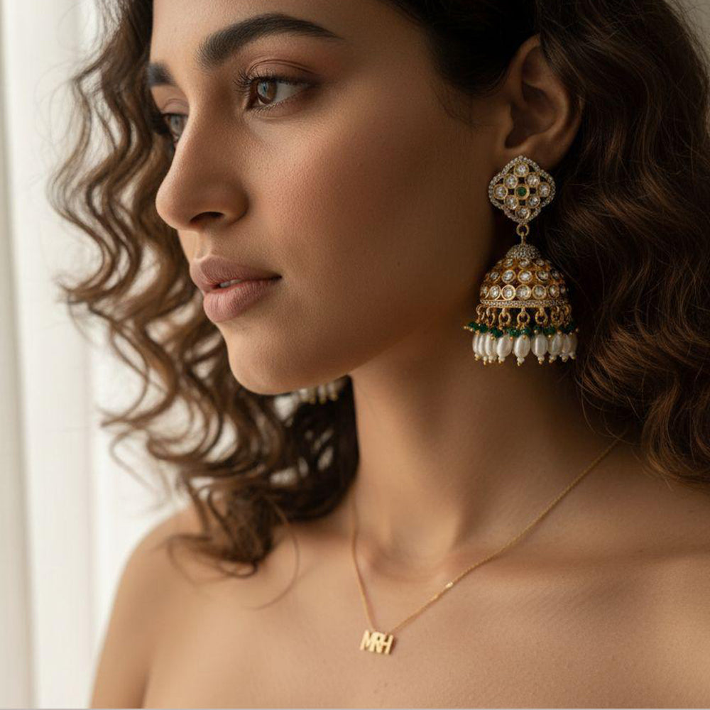 Jewel Addiction EthnicPolki Kundan Stone Beads And Pearl  Designer Jhumki Earrings