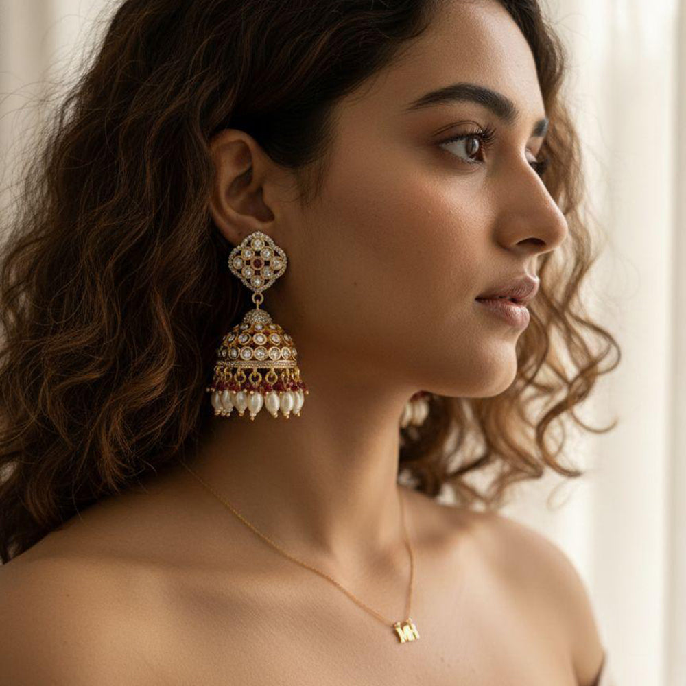 Jewel Addiction EthnicPolki Kundan Stone Beads And Pearl  Designer Jhumki Earrings