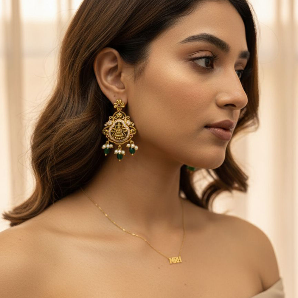 Jewel Addiction Ethnic Designer Pota Stone Beads And Pearl Temple Dangler Earrings