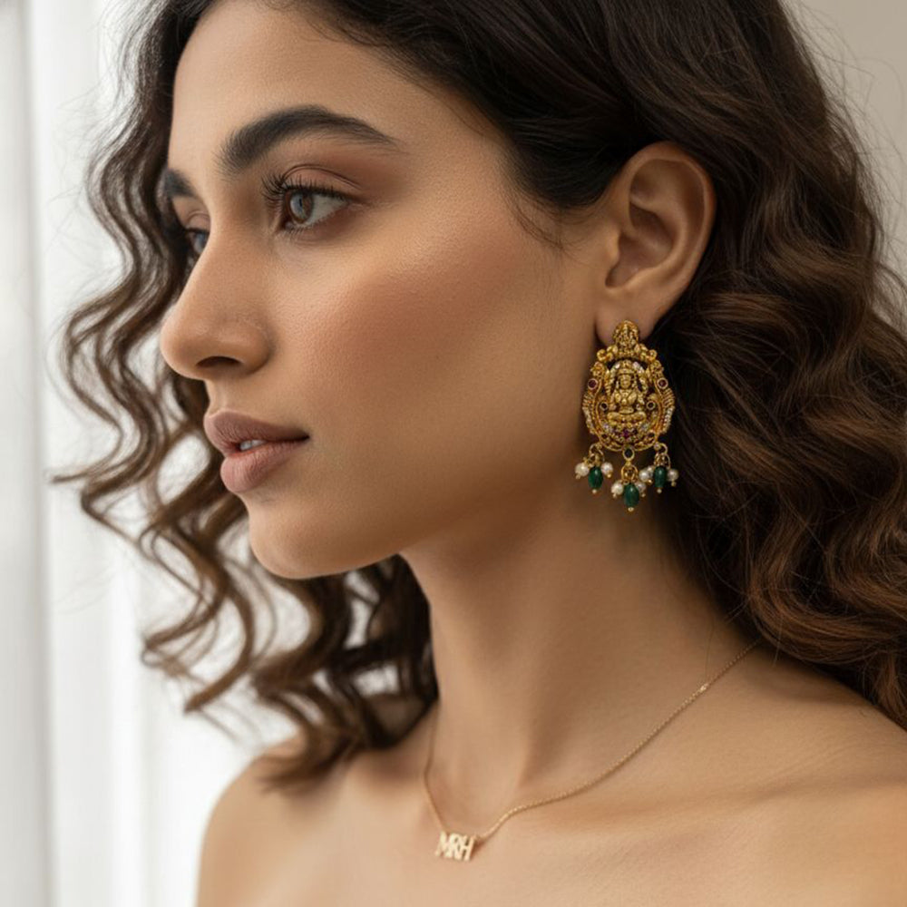 Jewel Addiction Ethnic Designer Pota Stone Beads And Pearl Temple Dangler Earrings