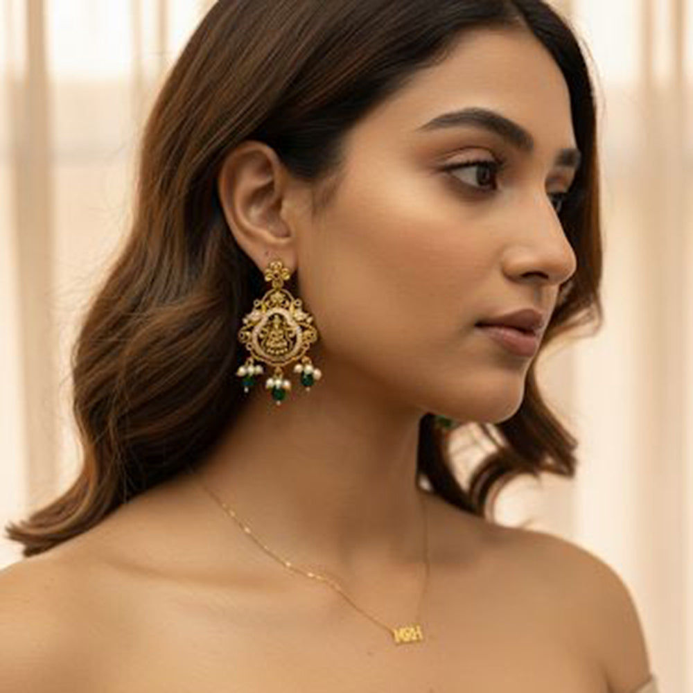 Jewel Addiction Ethnic Designer Pota Stone Beads And Pearl Temple Dangler Earrings