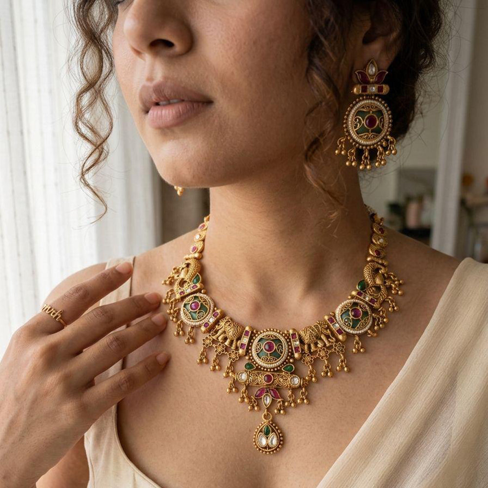 Jewel Addiction Premium Pota Stone And Pearl Elephant Motifs Necklace Set