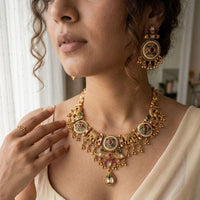 Jewel Addiction Premium Pota Stone And Pearl Elephant Motifs Necklace Set