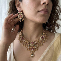 Jewel Addiction Premium Pota Stone And Pearl Elephant Motifs Necklace Set