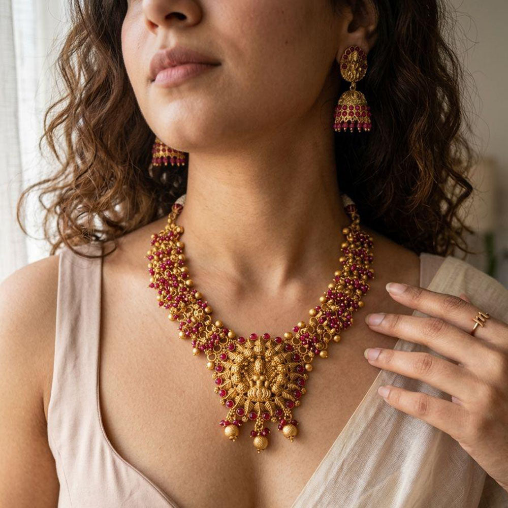 Jewel Addiction Premium Pota Stone Beads And Pearl Temple Necklace Set