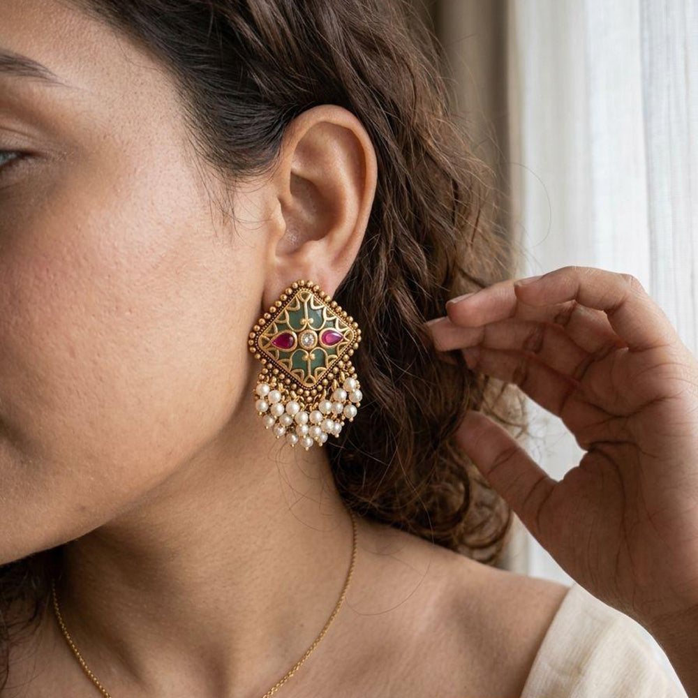 Jewel Addiction Pota Stone And Pearl Cluster Dangler Earrings