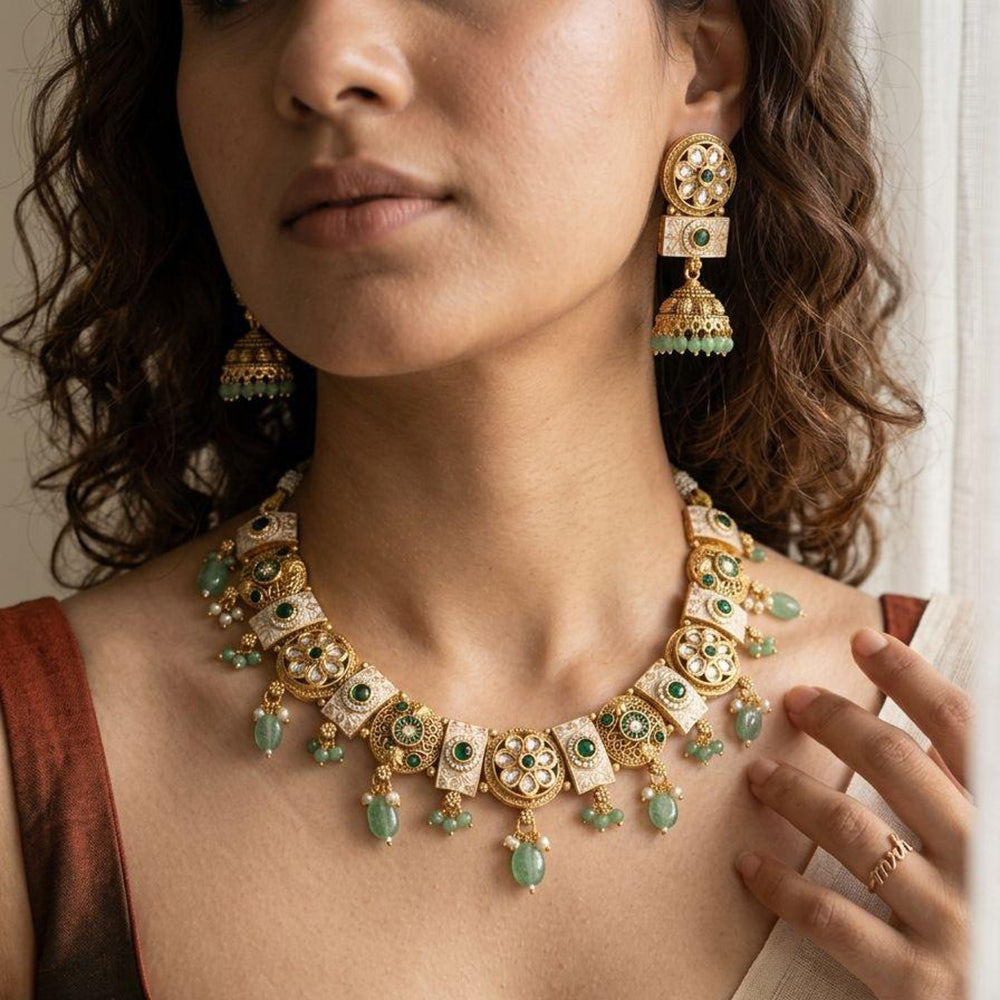 Jewel Addiction Premium Pota Stone Beads And Pearl Meenakari Necklace Set