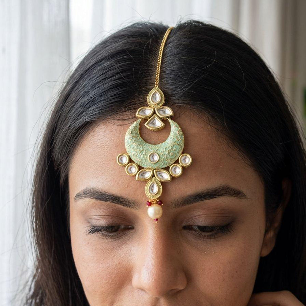 Jewel Addiction Designer Polki Kundan Stone And Pearl Maang Tikka