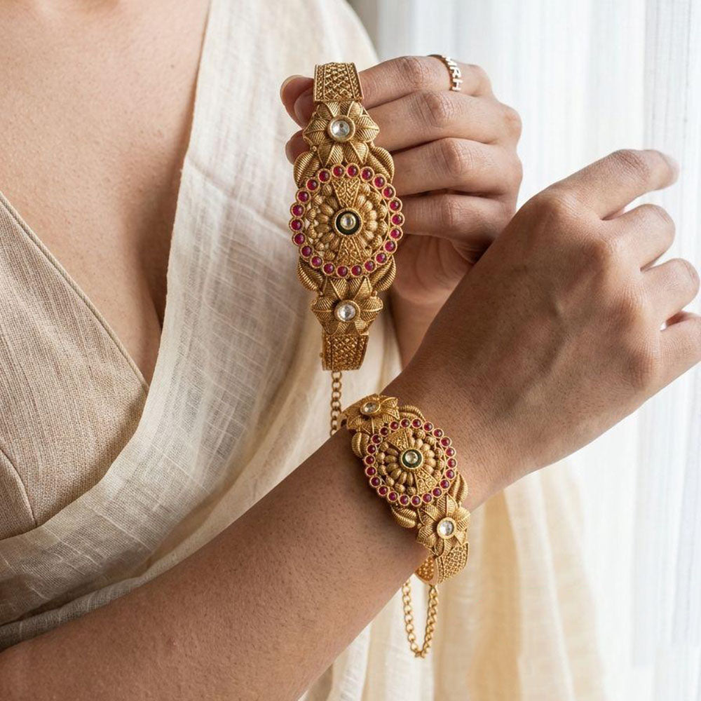 Jewel Addiction Heritage Style Pota Stone And Pearl Adjustable Bracelet
