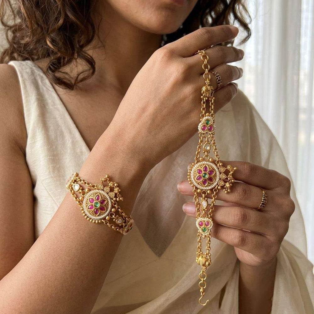 Jewel Addiction Heritage Style Pota Stone And Pearl Adjustable Bracelet