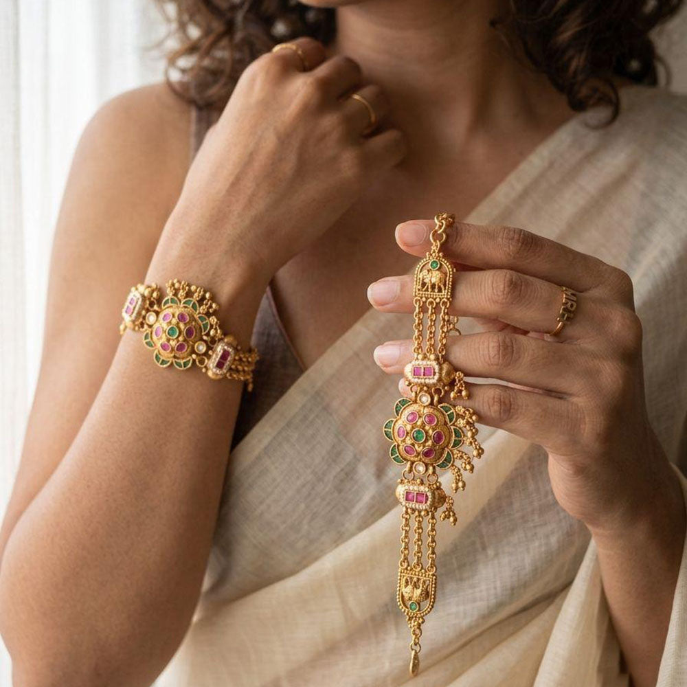 Jewel Addiction Heritage Style Pota Stone And Pearl Adjustable Bracelet