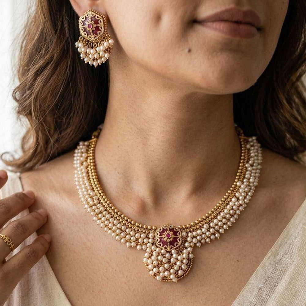 Jewel Addiction Elegance Pota Stone And Pearl Necklace Set