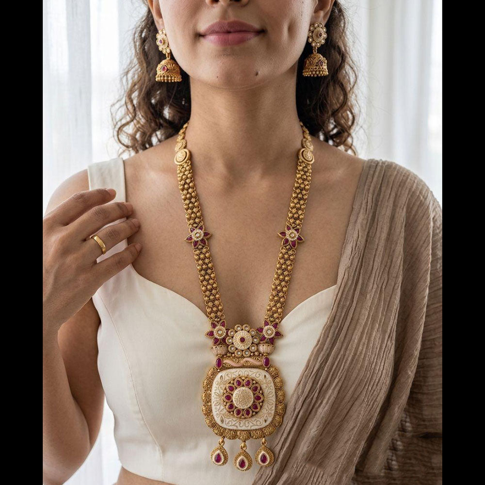 Jewel Addiction Premium Pota Stone And Pearl Meenakari Long Necklace Set