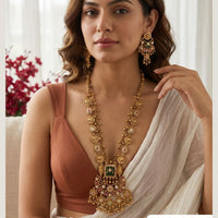 Jewel Addiction Ethnic Pota Stone And Pearl Long Necklace Set