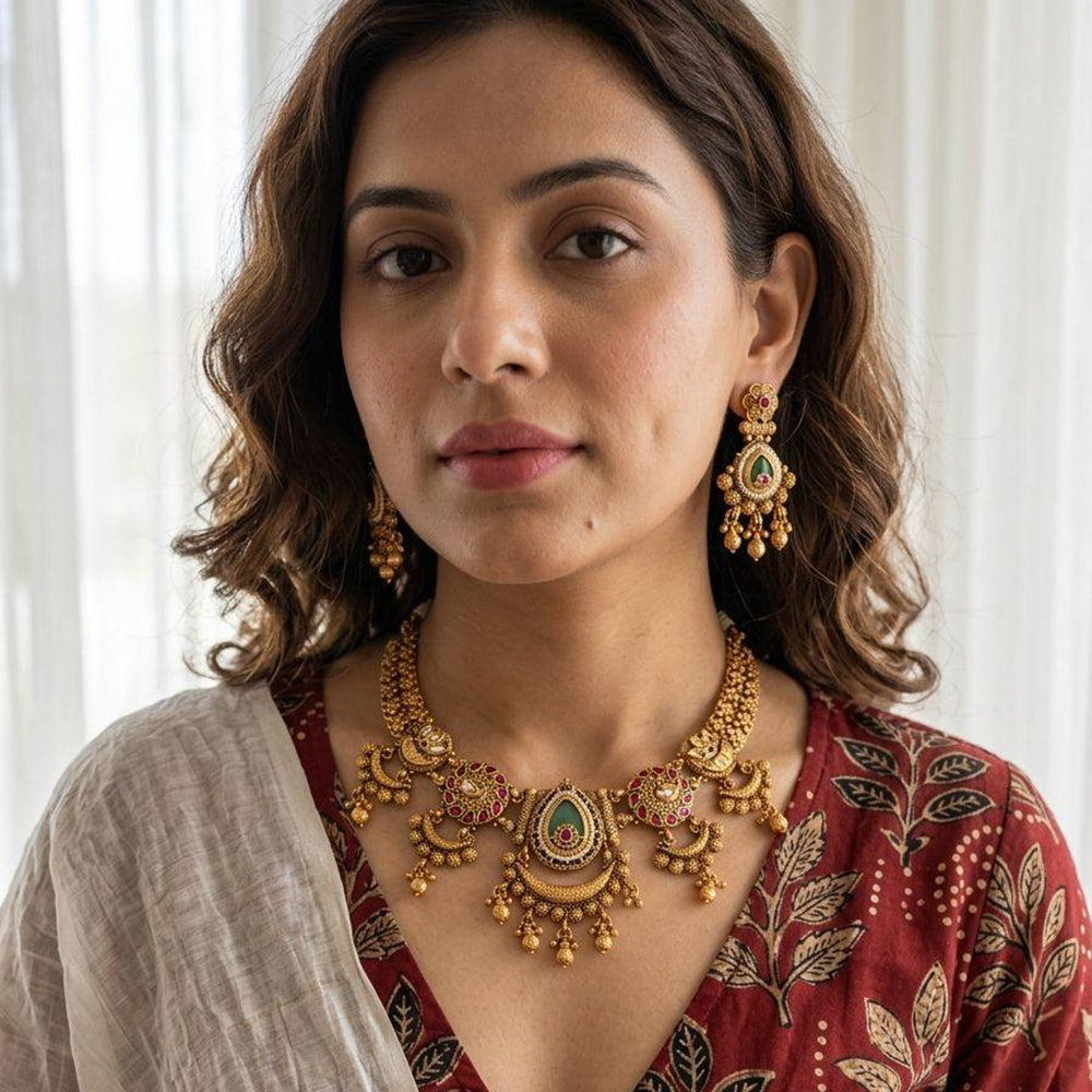 Jewel Addiction Ethnic Pota Stone And Pearl Necklace Set