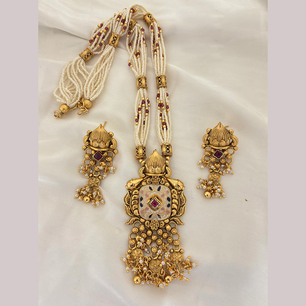 Jewel Addiction Ethnic Pota Stone And Pearl Meenakari Long Necklace Set