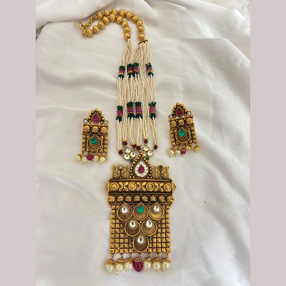 Jewel Addiction Ethnic Pota Stone And Pearl Long Necklace Set