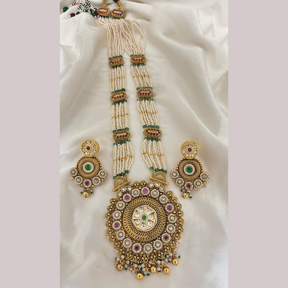 Jewel Addiction Ethnic Pota Stone And Pearl Long Necklace Set