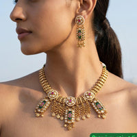 Jewel Addiction Ethnic Pota Stone And Pearl Long Necklace Set